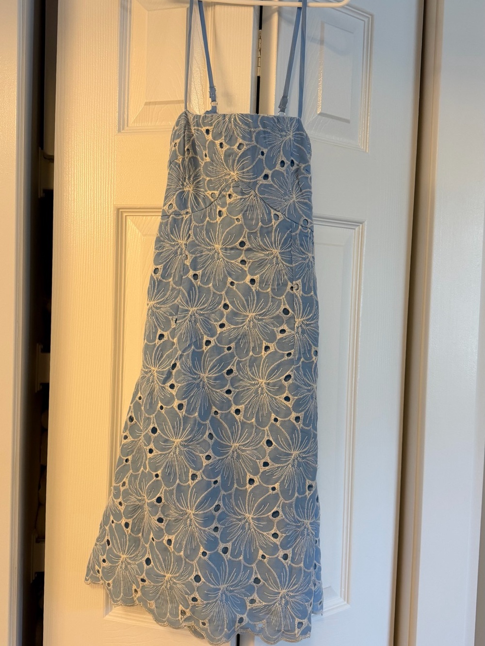Hello Molly Light Blue Floral Eyelet Midi Dress with Adjustable Straps